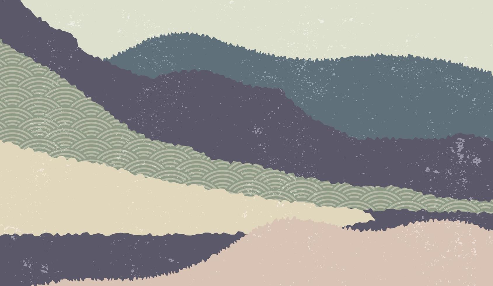 Fondo de paisaje con paisaje de montaña decorado con patrón de onda japonesa. Ilustración vectorial del tema de viajes y aventuras con paisaje de naturaleza abstracta vector