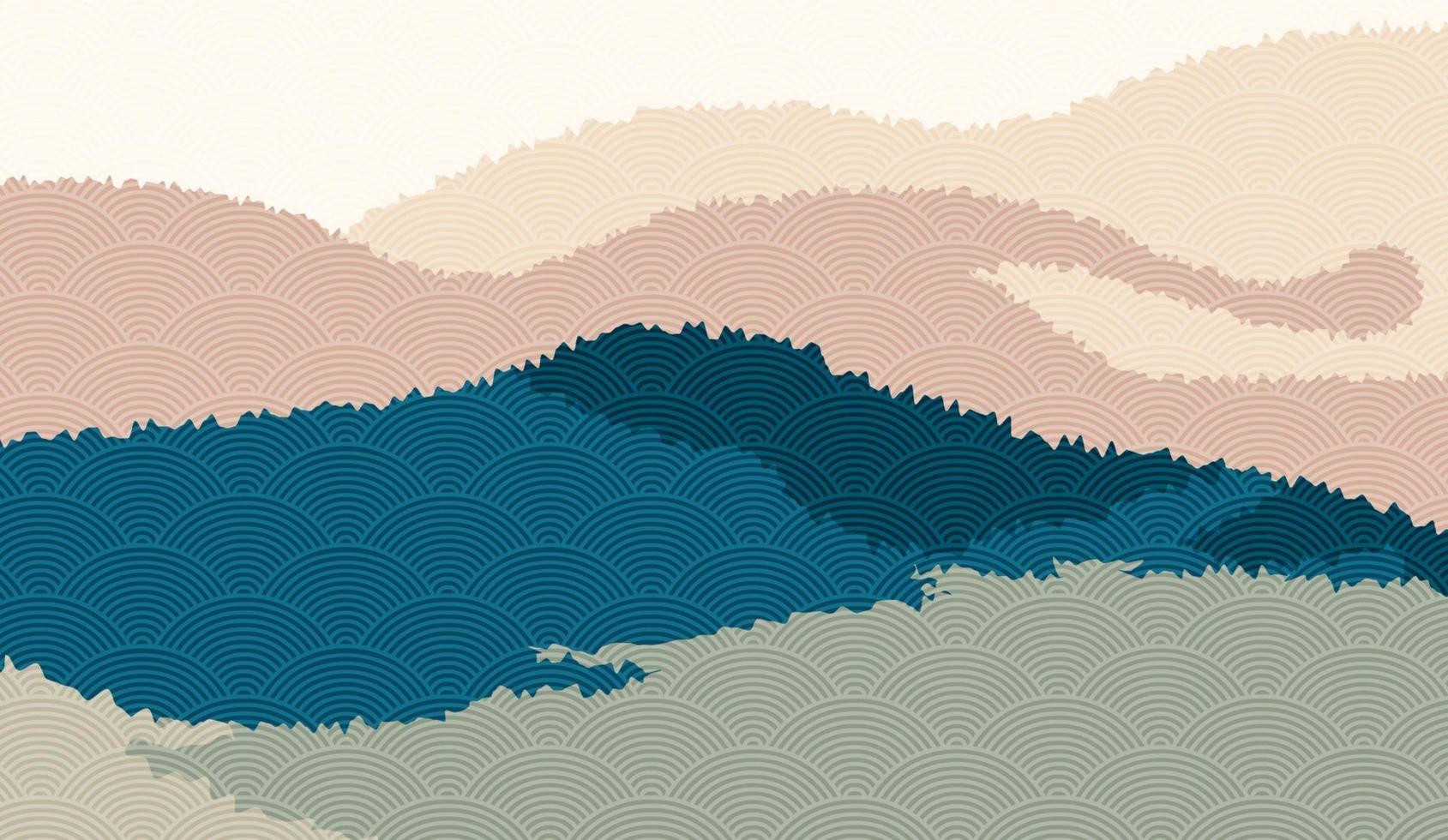 Fondo de paisaje con paisaje de montaña decorado con patrón de onda japonesa. Ilustración vectorial del tema de viajes y aventuras con paisaje de naturaleza abstracta vector