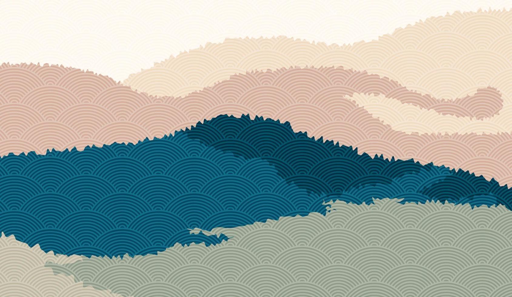 Landscape background with mountain scenery decorated with japanese wave pattern. Vector illustration of travel and adventure theme with abstract nature landscape