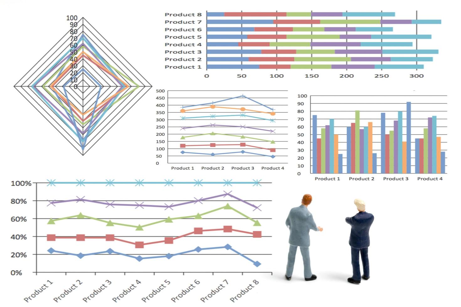 Miniature businessmen standing with charts on a white background photo