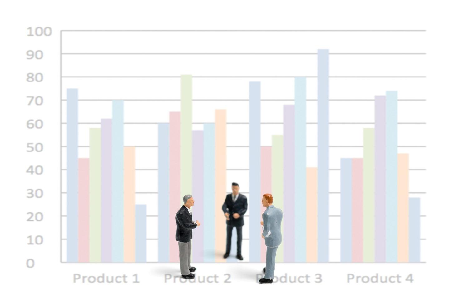 Miniature businessmen standing with charts on a white background photo