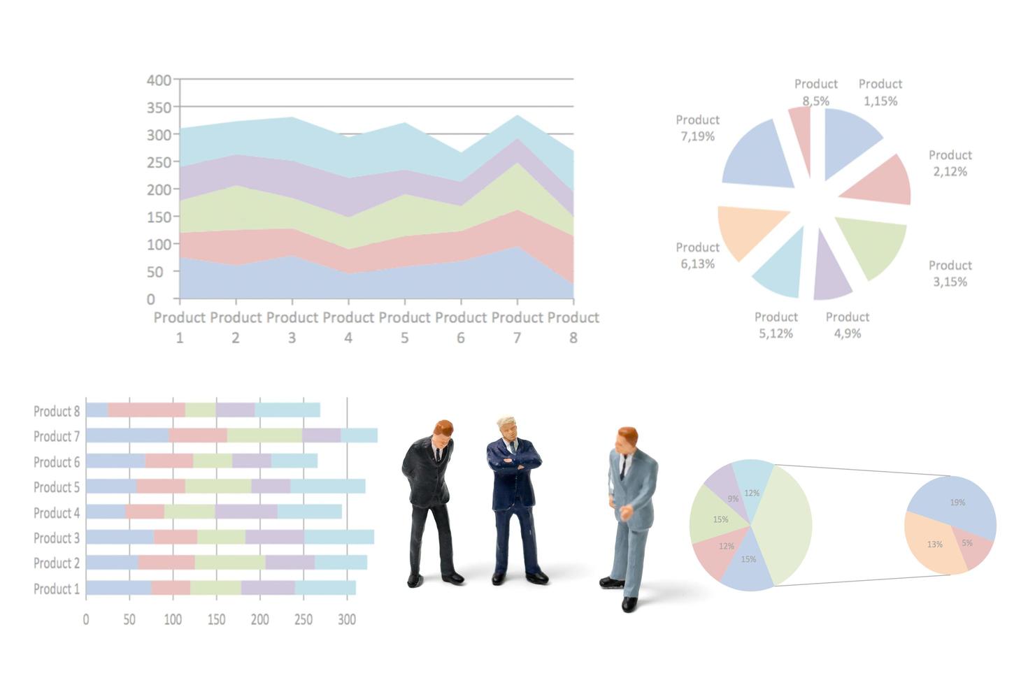 Miniature businessmen standing with charts on a white background photo