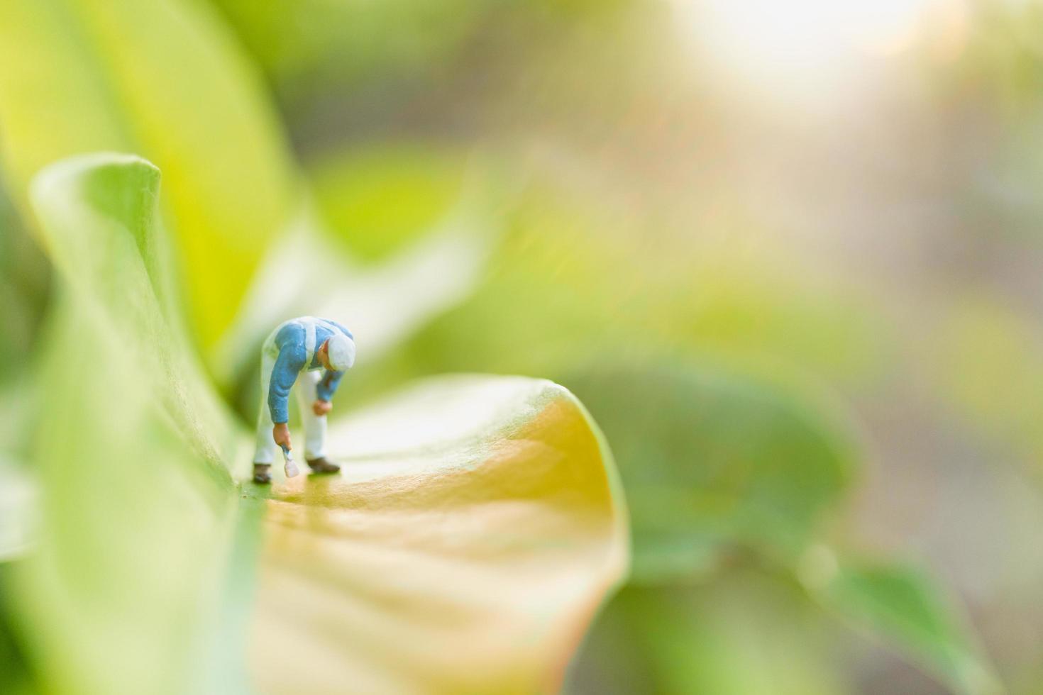 Miniature painter coloring on a green leaf with a blurred greenery background, environment concept photo