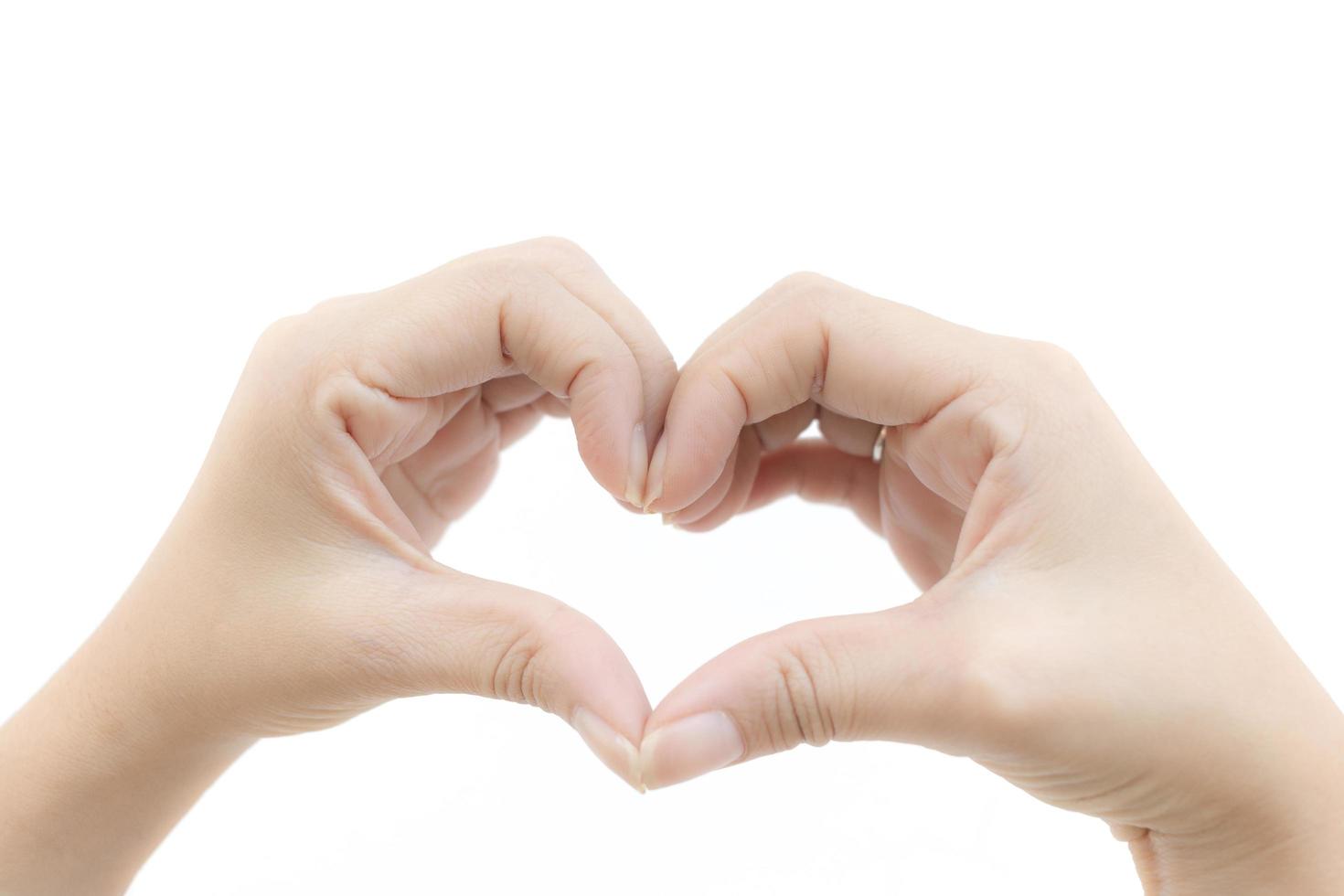 Hand making a heart shape on a white background photo