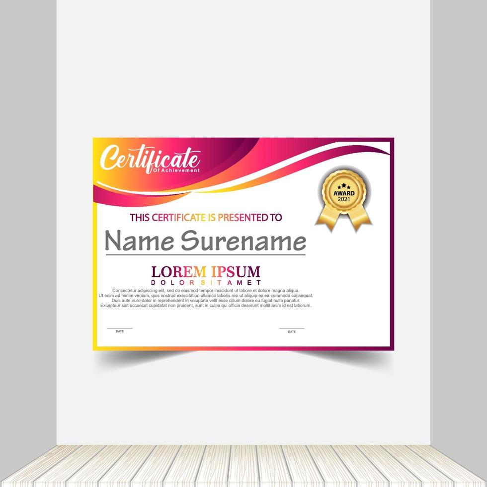 Modern certificate template in gradation and gold colors, luxury and modern style and award style vector image. Suitable for appreciation. Premium vector.