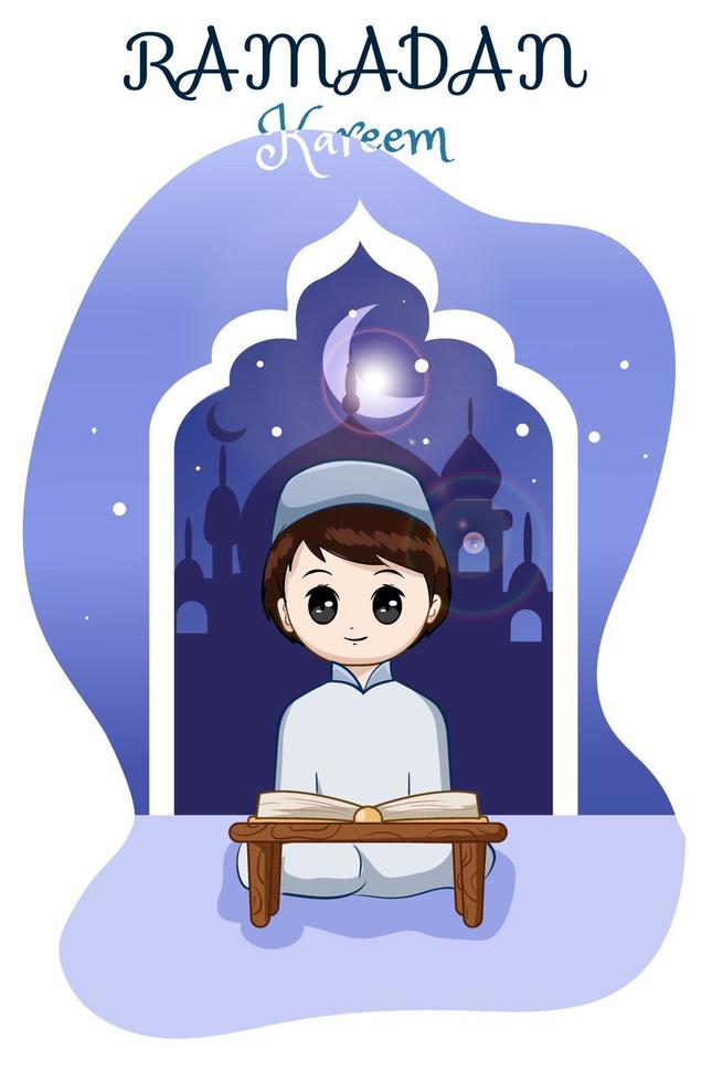 Little muslim boy reading a book at ramadan kareem cartoon illustration vector