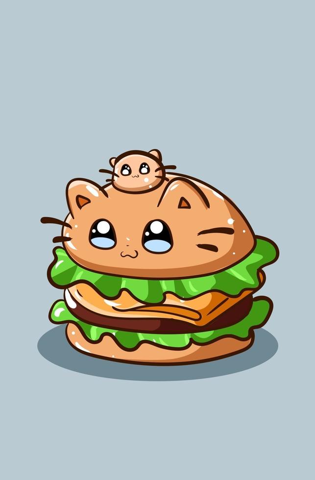 Hamburguesa dulce y linda con ilustración de dibujos animados de gato vector