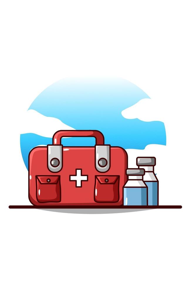 first aid backpack and medicines cartoon illustration vector