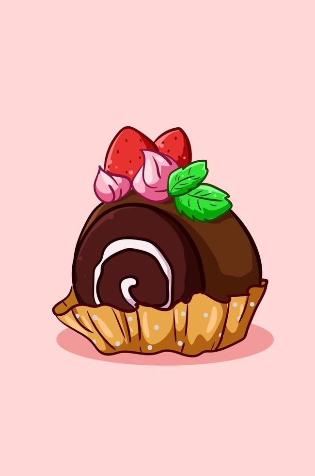 sweet bread roll with strawberries and mint leaves vector