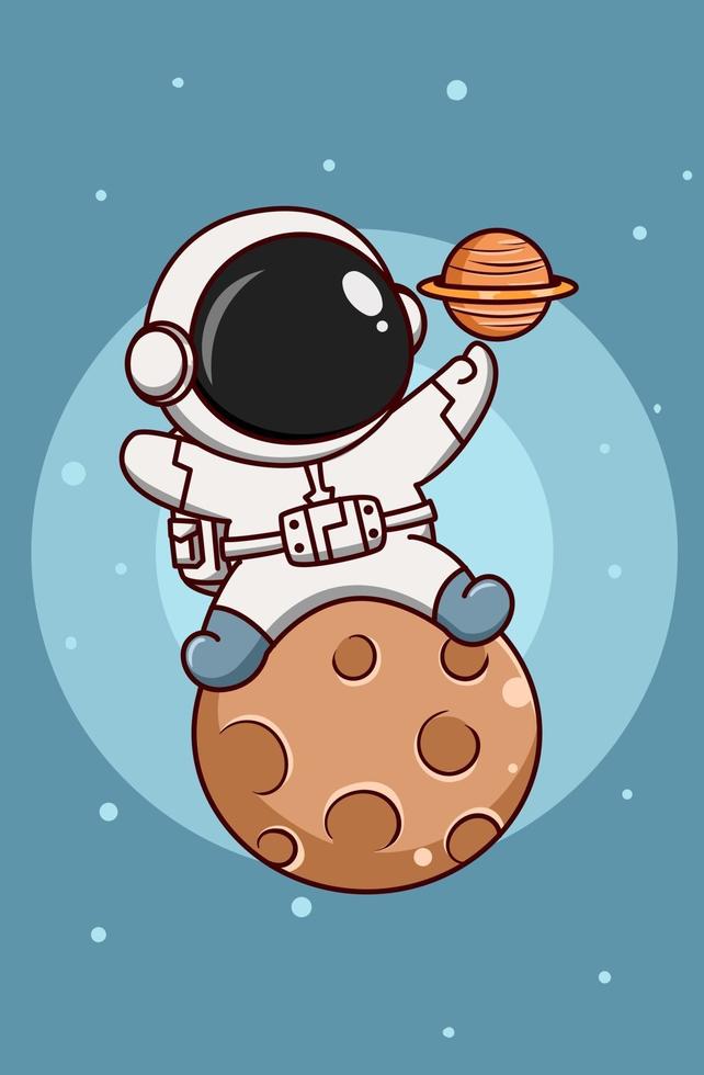 lindo astronauta en la luna con el planeta saturno ilustración de dibujos  animados 2151619 Vector en Vecteezy