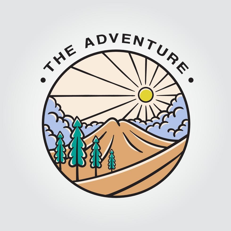 The adventure badge with mountain, trees, clouds, and sun illustration vector