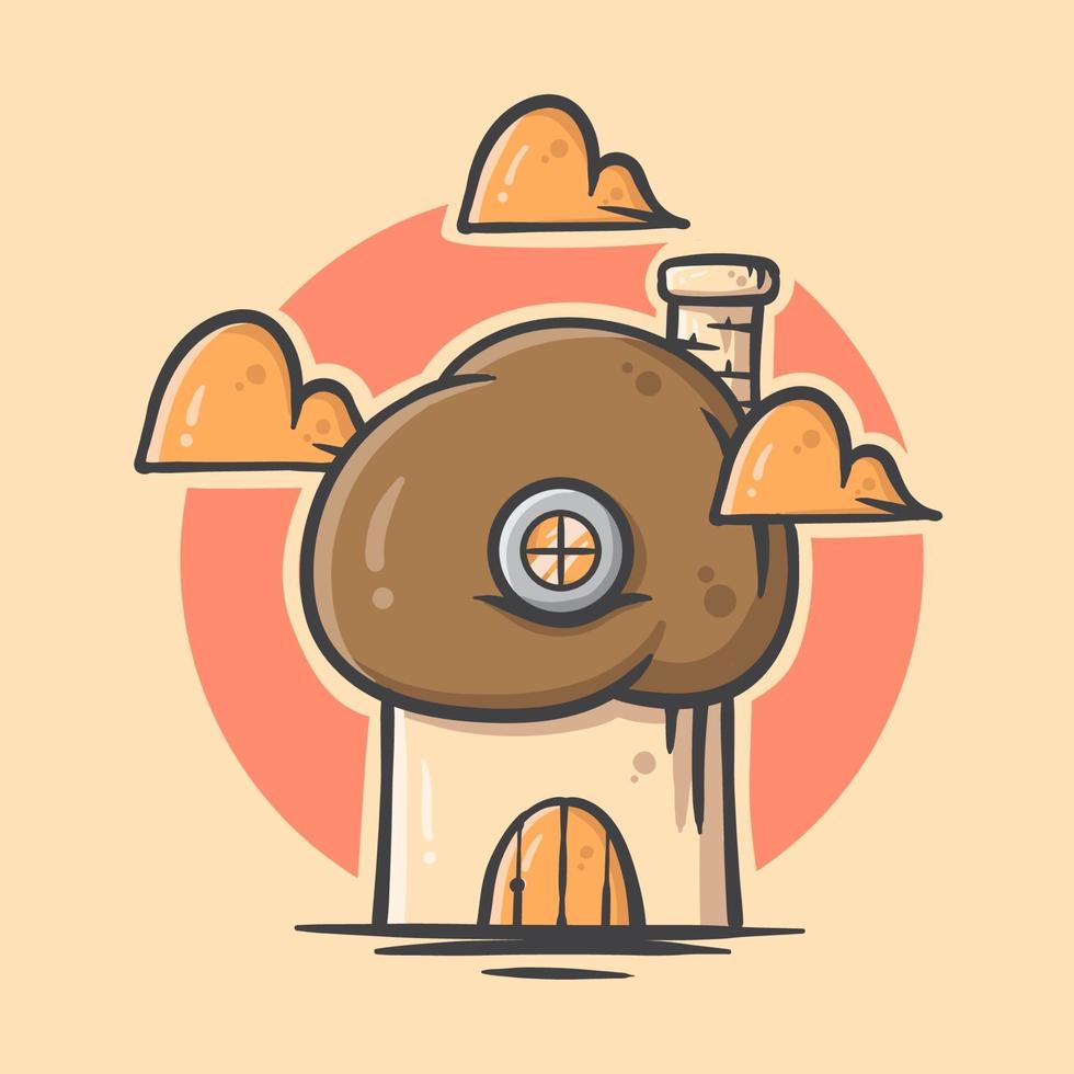 Cute brown mushroom cartoon house with pastel color vector illustration