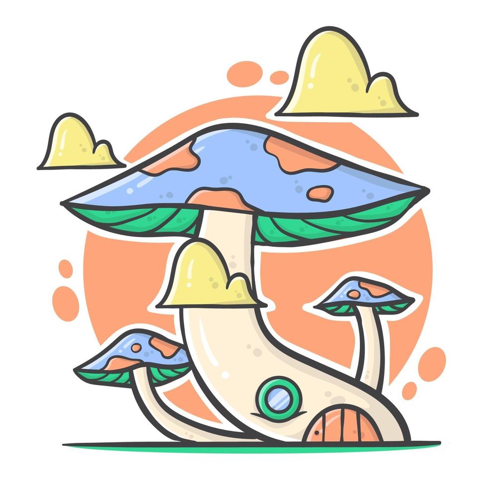 Cute full color of mushroom cartoon house with pastel color vector illustration