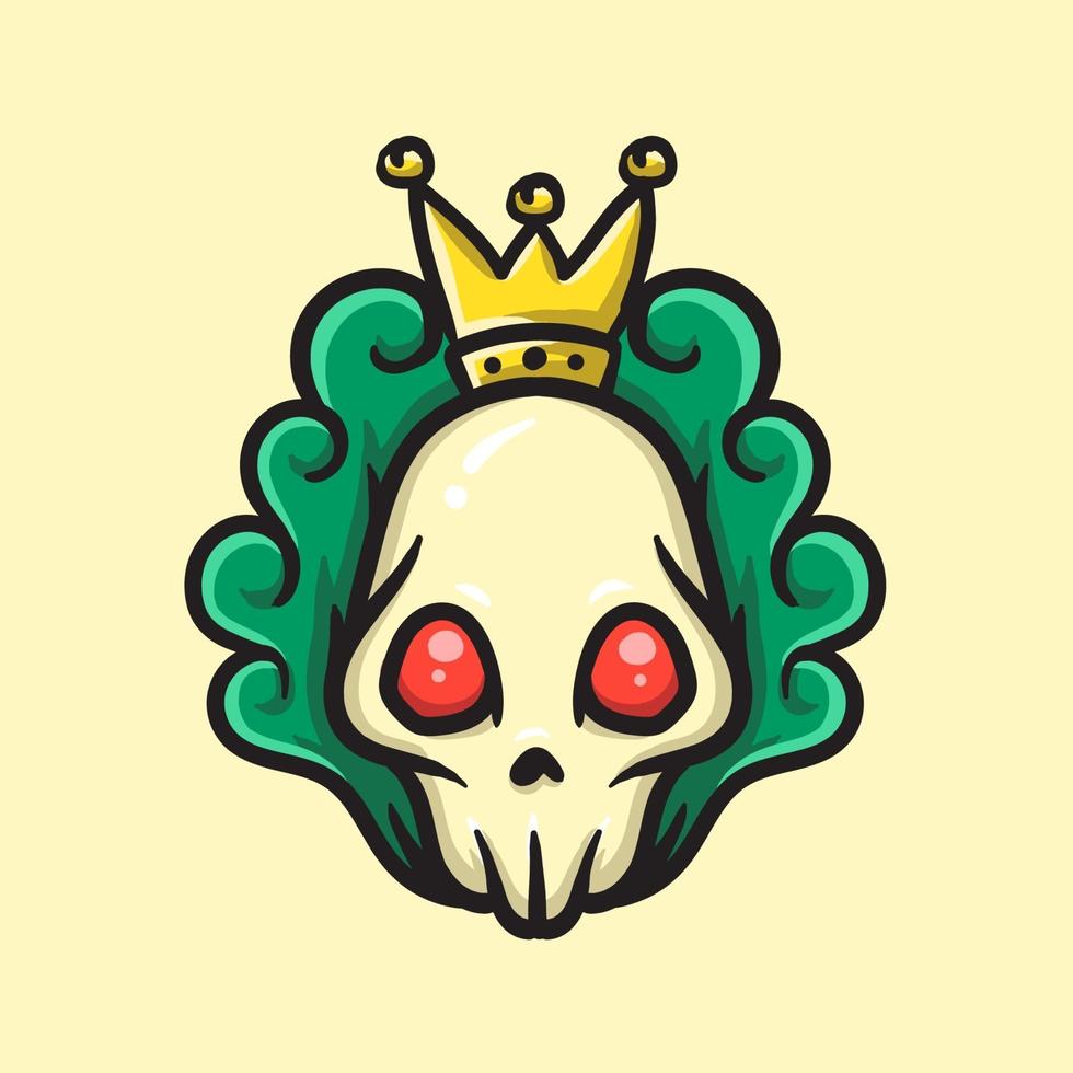 Cute skull with hair and golden crown hand drawn vector illustration