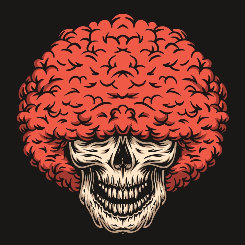 Skull with red afro hairstyle hand drawn vector illustration