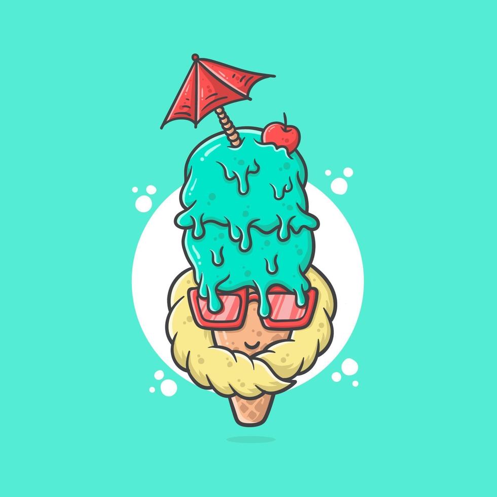 helado de verano con sombrilla roja, gafas de sol y cereza ilustración vectorial vector