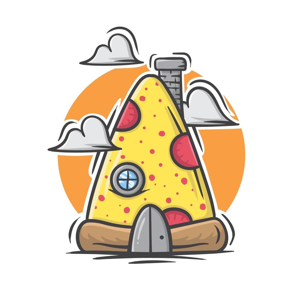 Linda casa de dibujos animados de pizza con ilustración de vector de color pastel