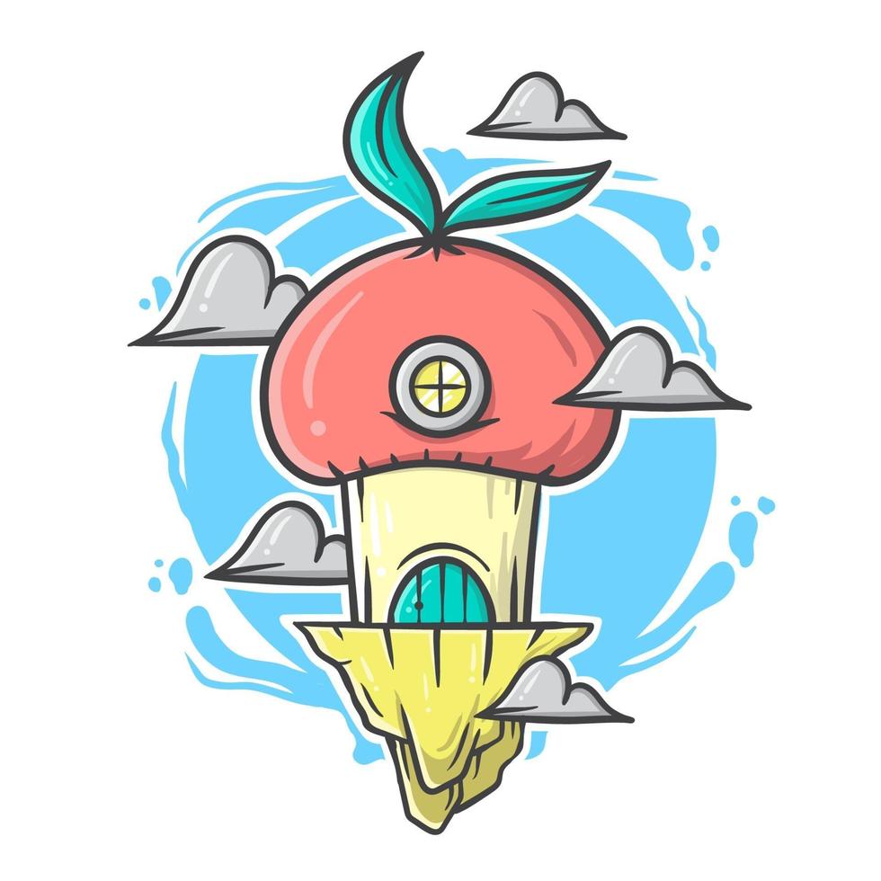 Cute red mushroom and clouds cartoon house with pastel color vector illustration