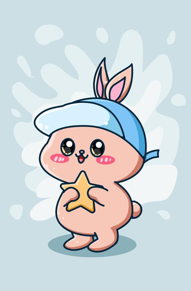 cute and happy rabbit wearing hat with star cartoon illustration vector