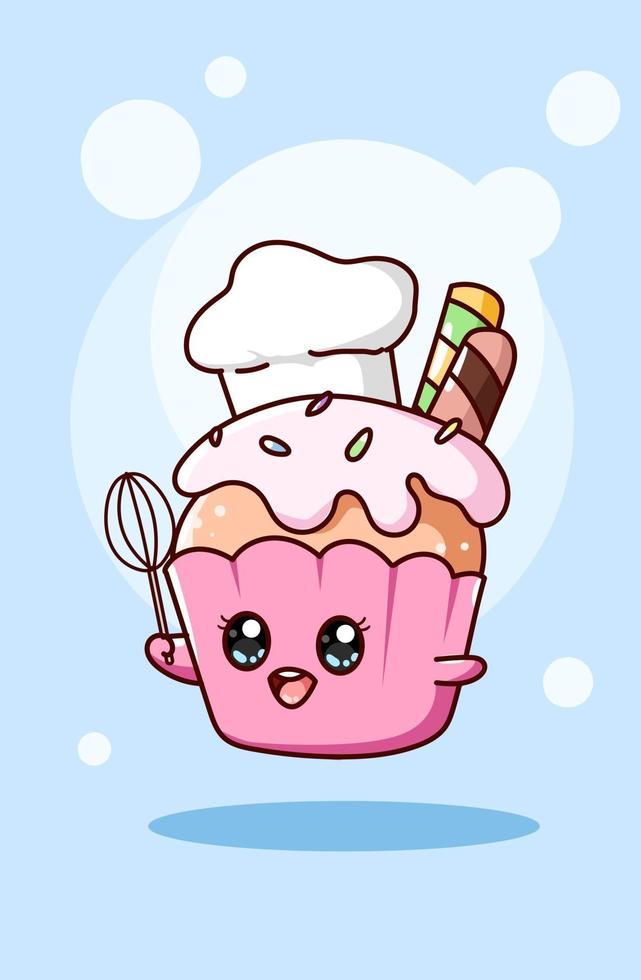 cute and sweet cupcake as a chef cartoon illustration vector