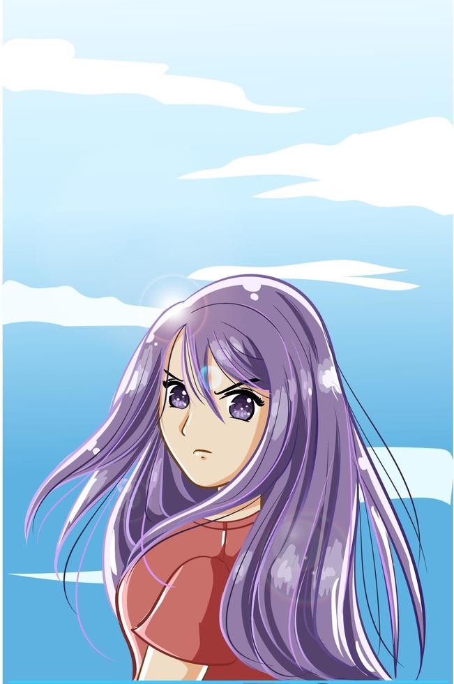 beautiful and cute girl with purple long hair in the summer vector