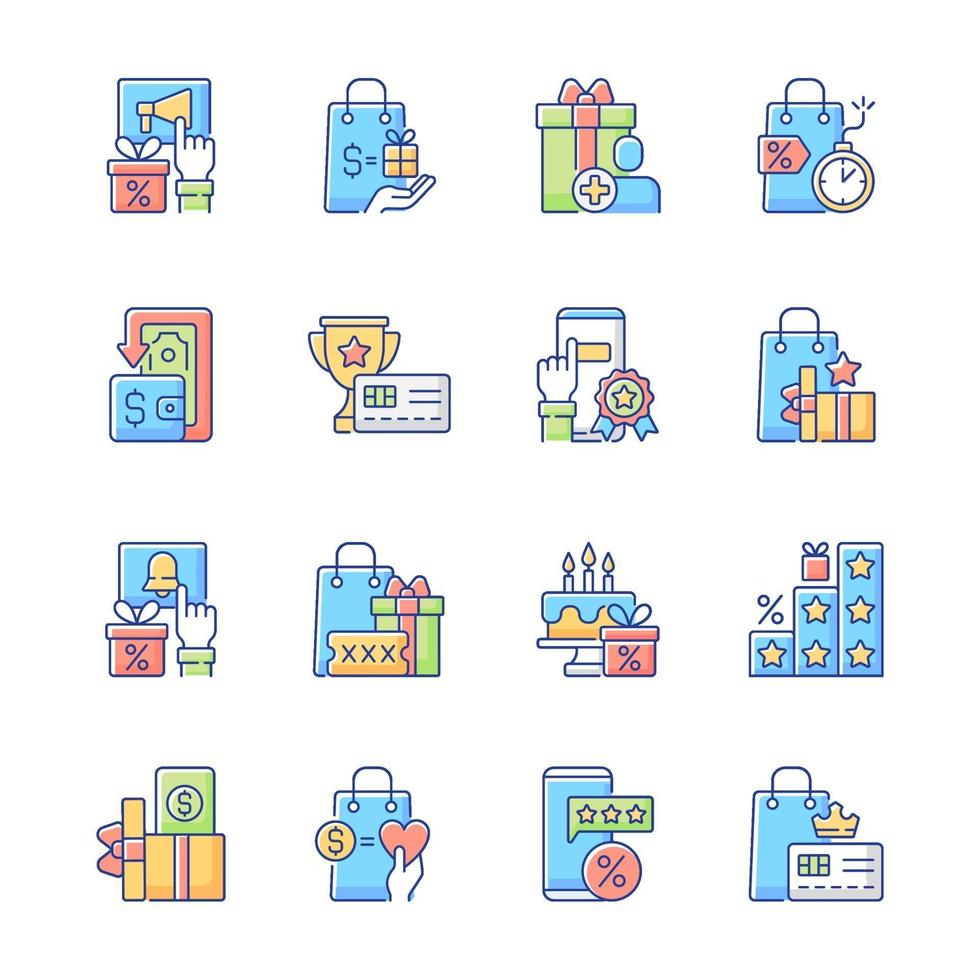 Loyalty program RGB color icons set vector