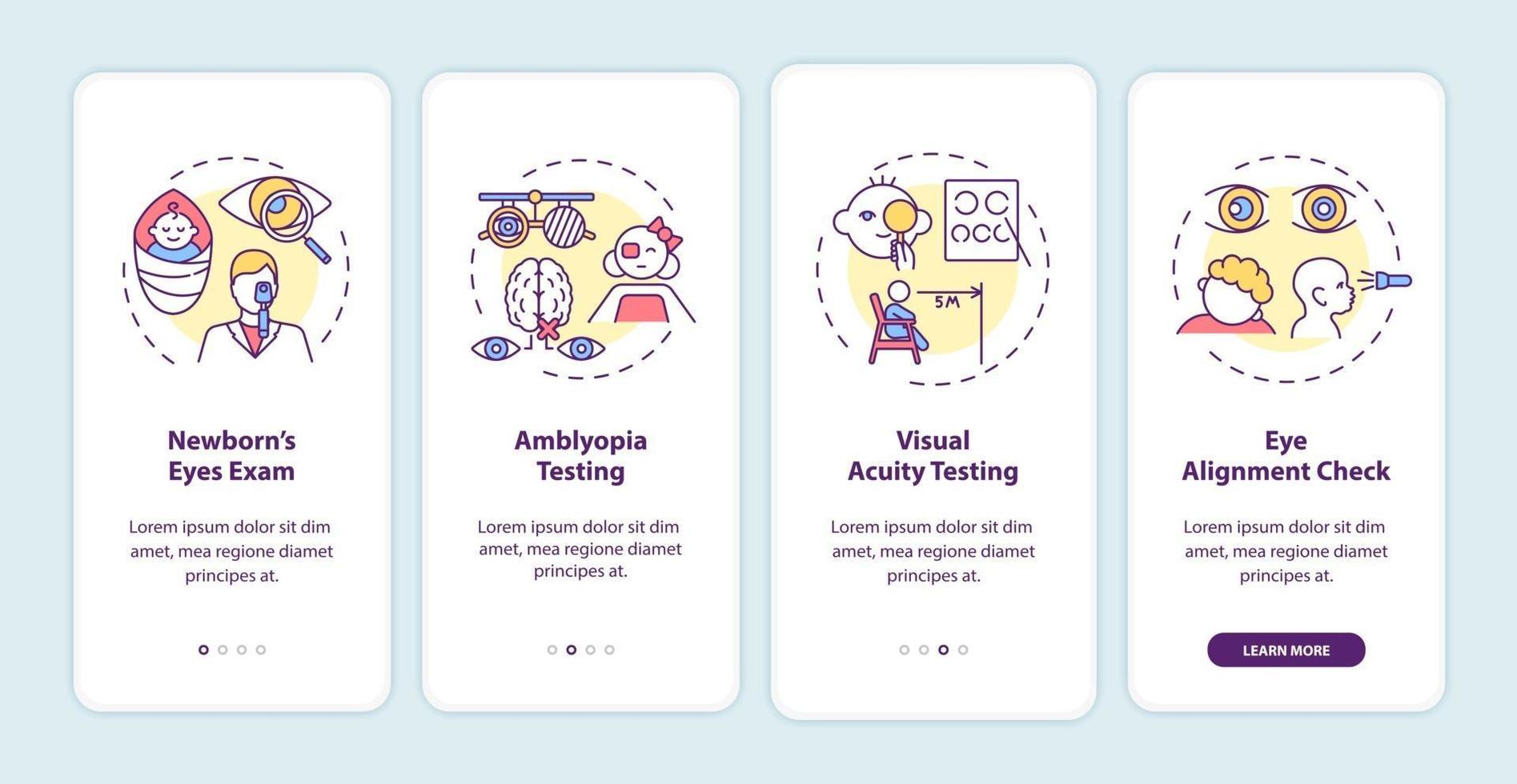 Examen ocular para niños que incorporan la pantalla de la página de la aplicación móvil con conceptos vector