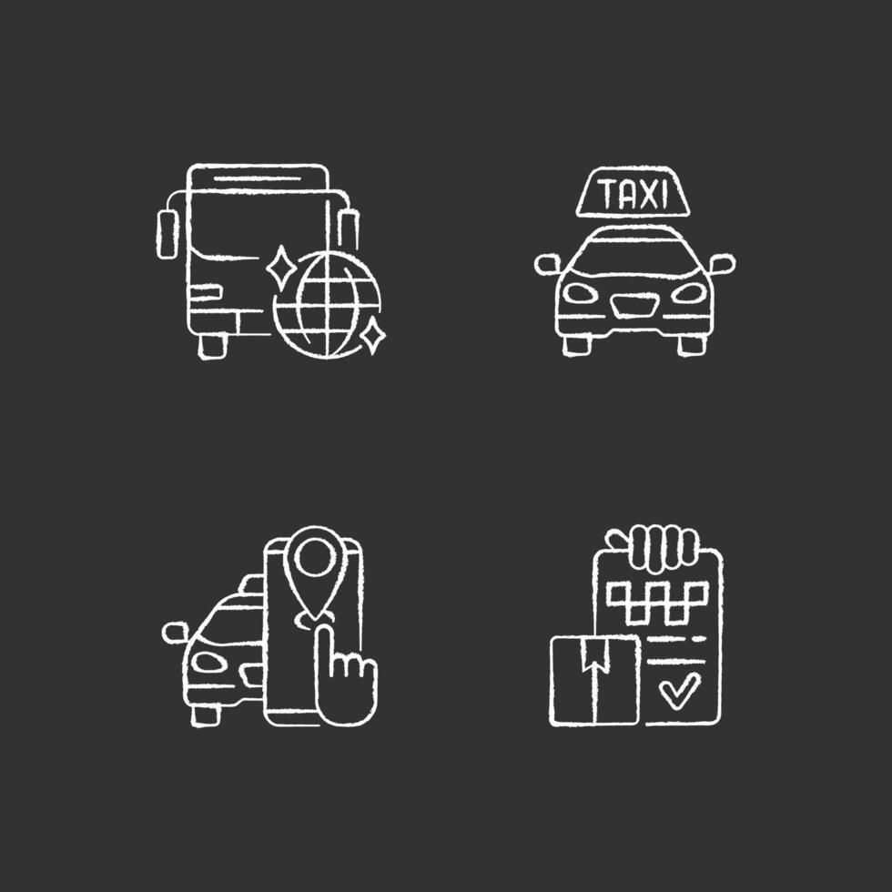 Taxi service chalk white icons set on black background vector