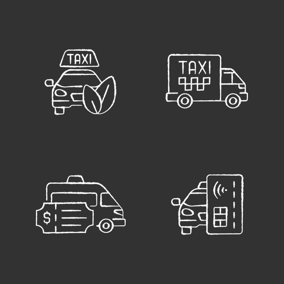 Taxi ecológico iconos de tiza blanca sobre fondo negro vector