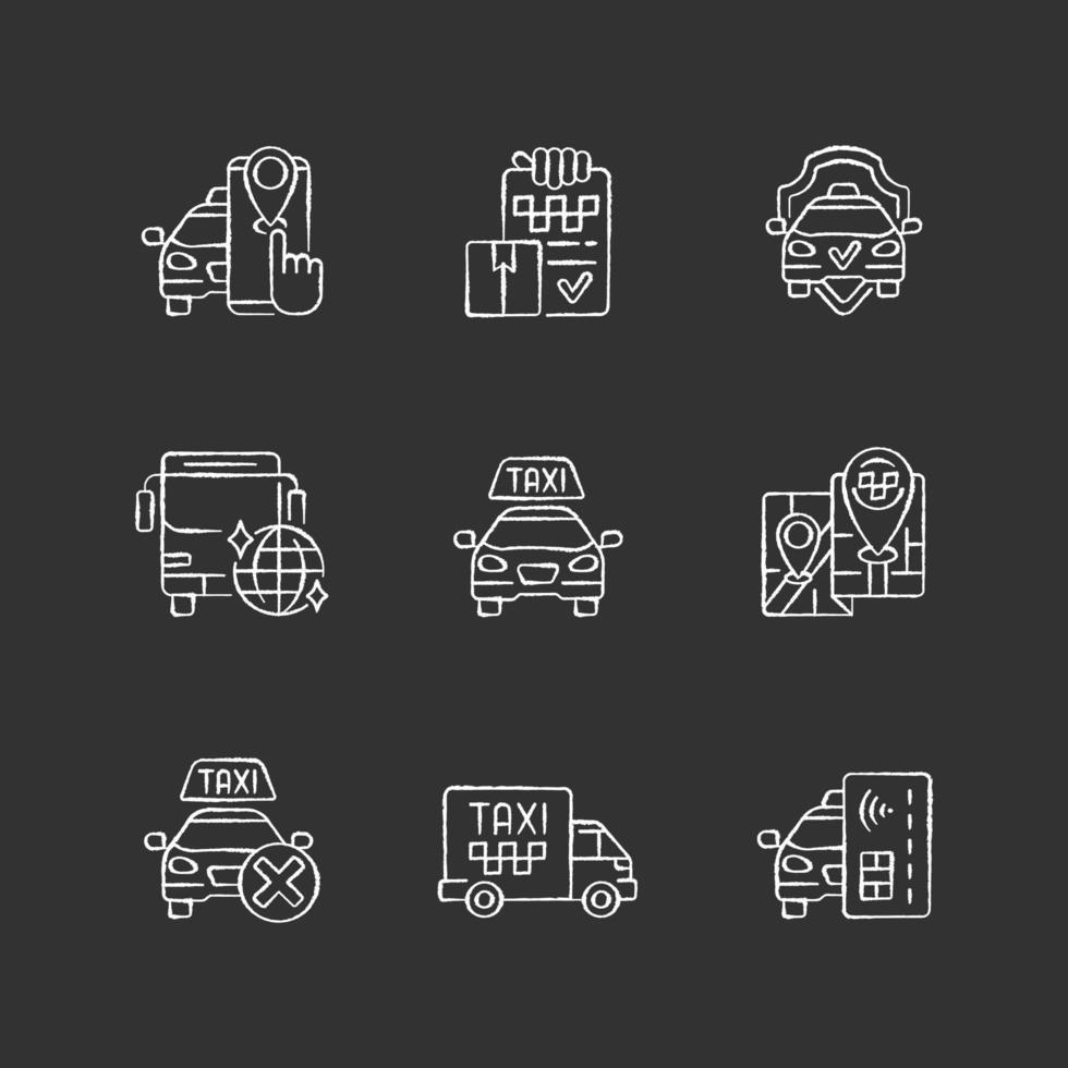 Taxi service chalk white icons set on black background vector