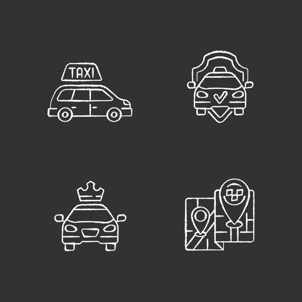 Modern taxi service chalk white icons set on black background vector