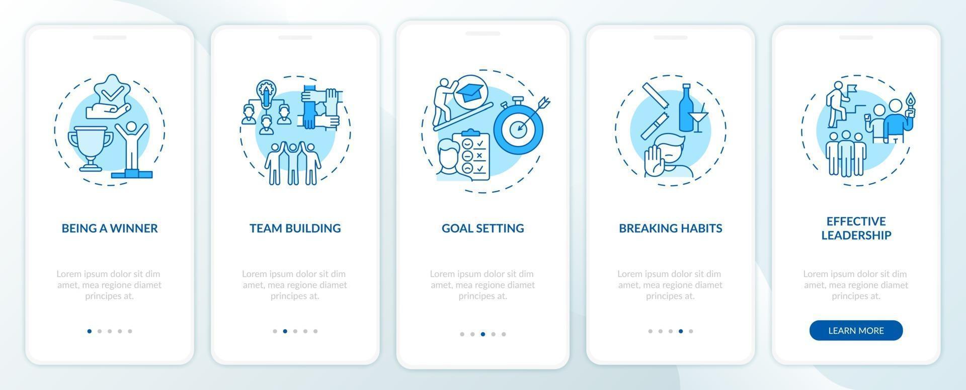 Motivational content types onboarding mobile app page screen with concepts vector