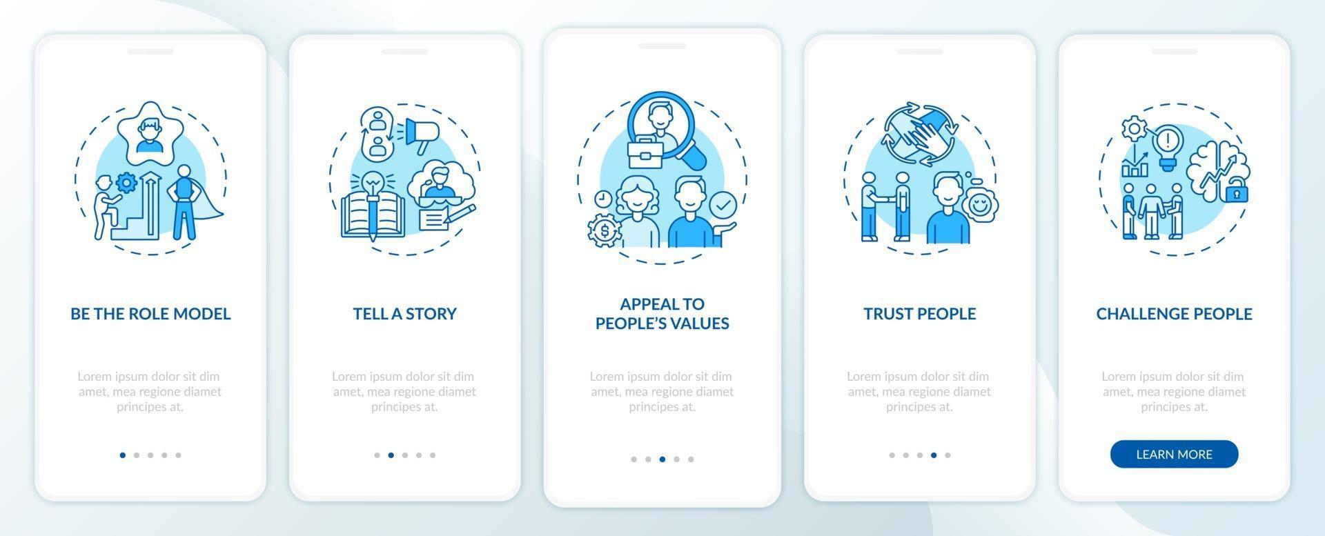 Tips of how to motivate people onboarding mobile app page screen with concepts vector
