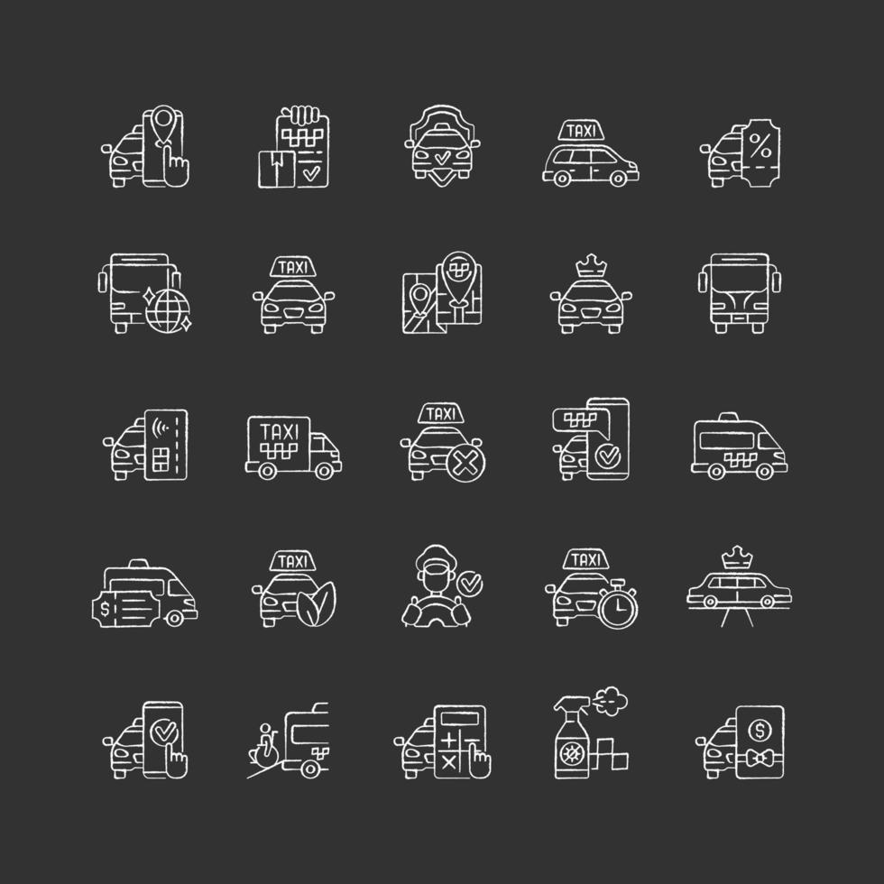 Taxi service chalk white icons set on black background vector