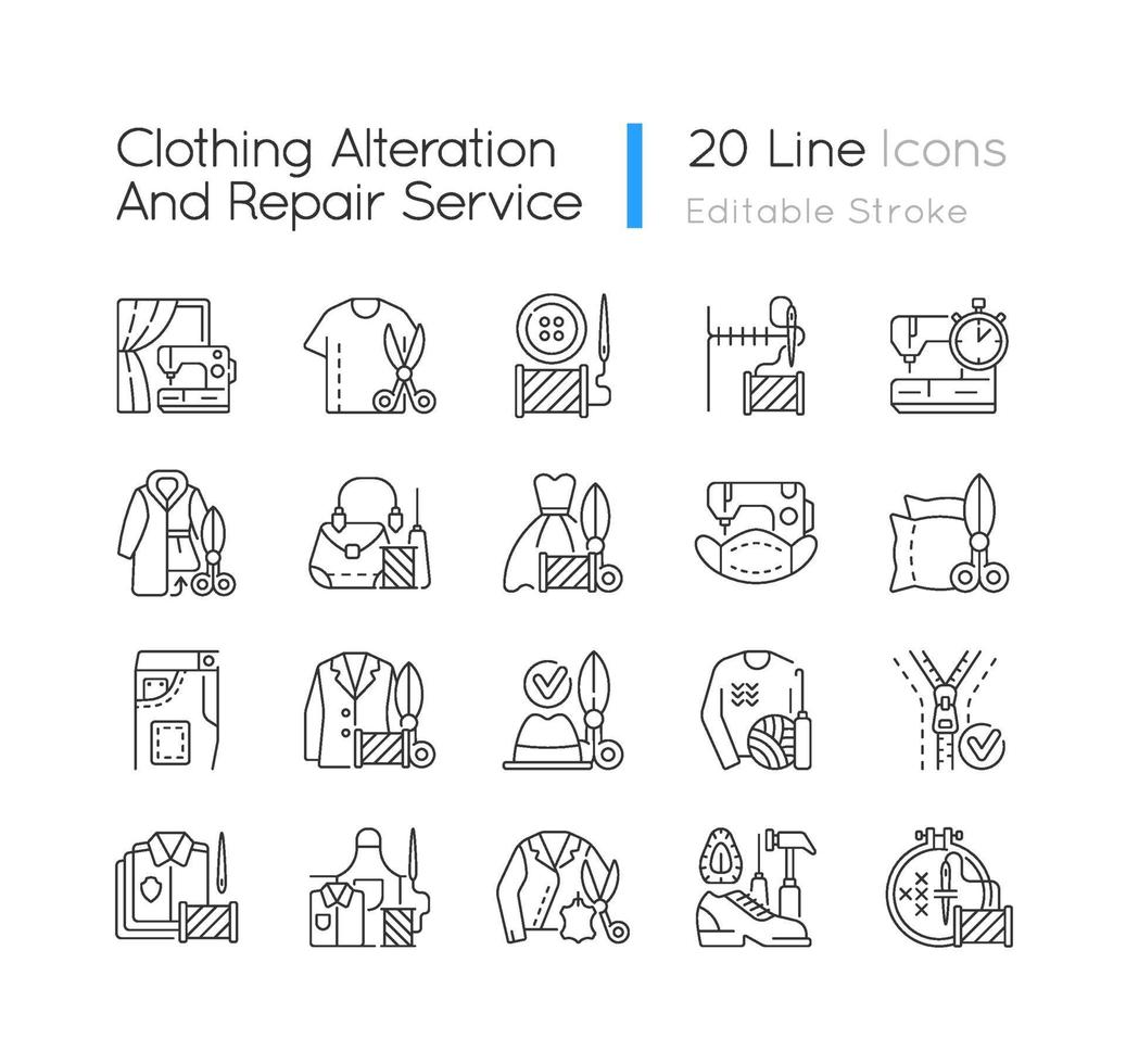 conjunto de iconos lineales de servicios de reparación y alteración de ropa vector