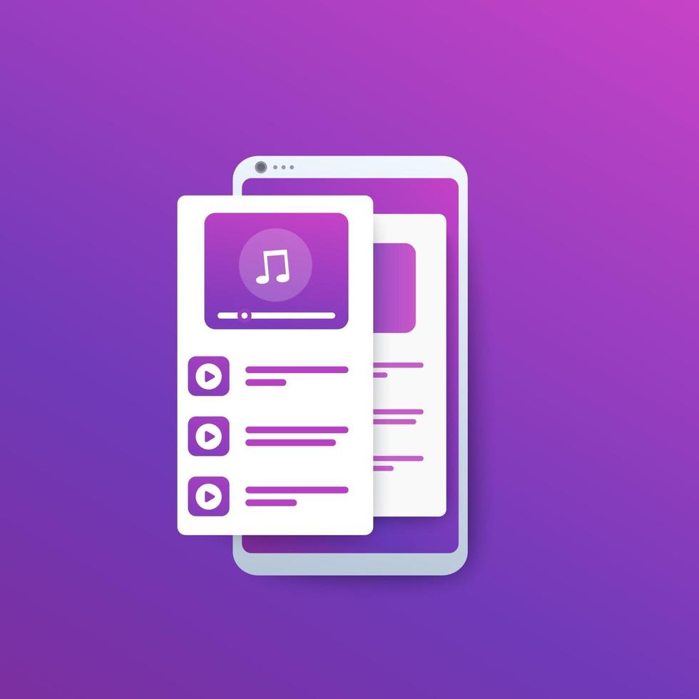 audio player, music streaming app on phone screen, vector