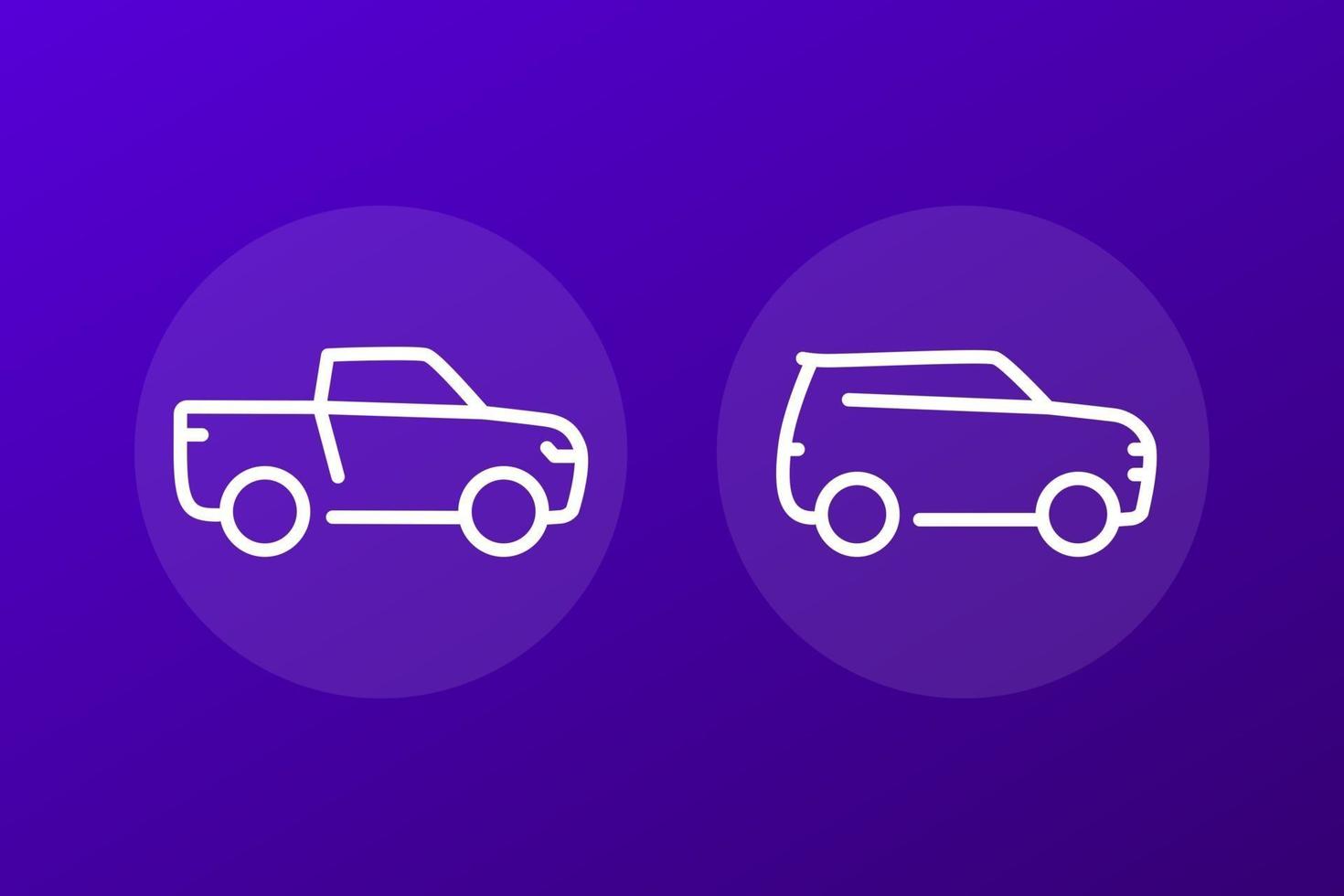 pickup truck, suv line icons vector