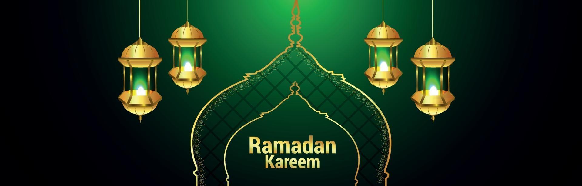banner o encabezado de ramadan kareem con linterna dorada vector
