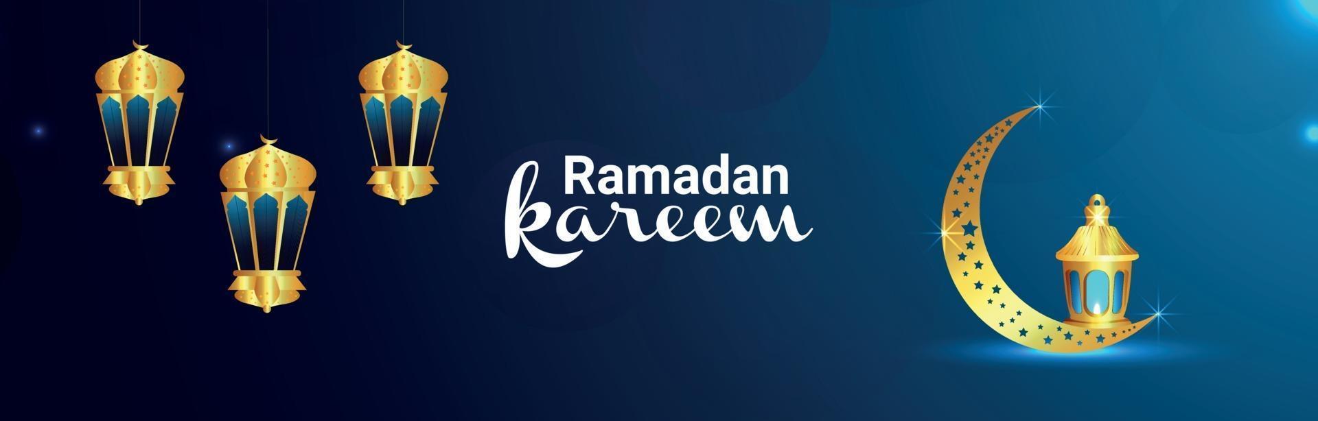 Ramadan kareem banner with golden islamic lantern and moon vector