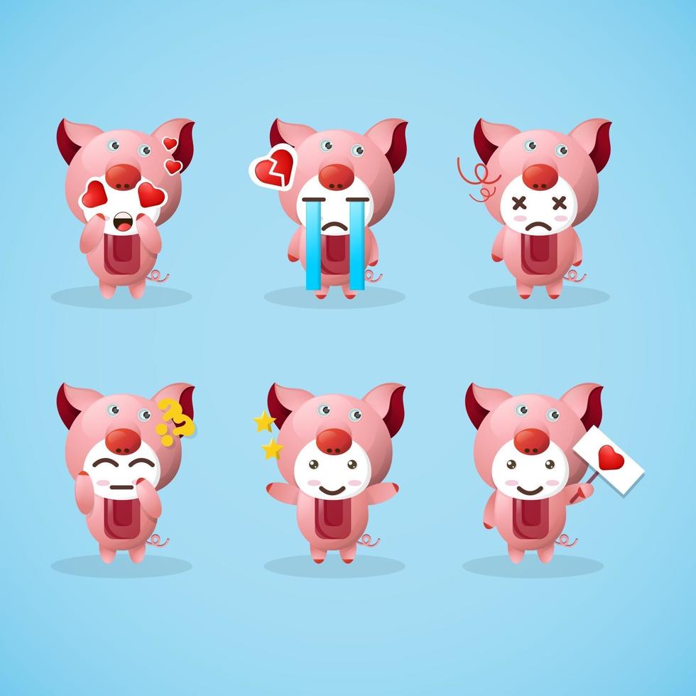 set of cute pig mascots with expressions vector