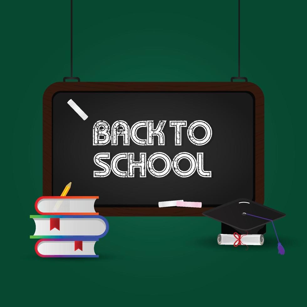 Blackboard on green background with books and degree cap for back to school vector