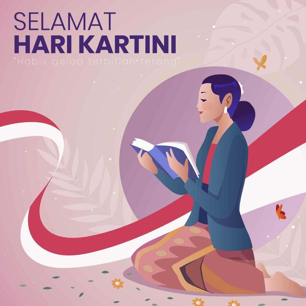 día de kartini con una mujer leyendo un libro vector