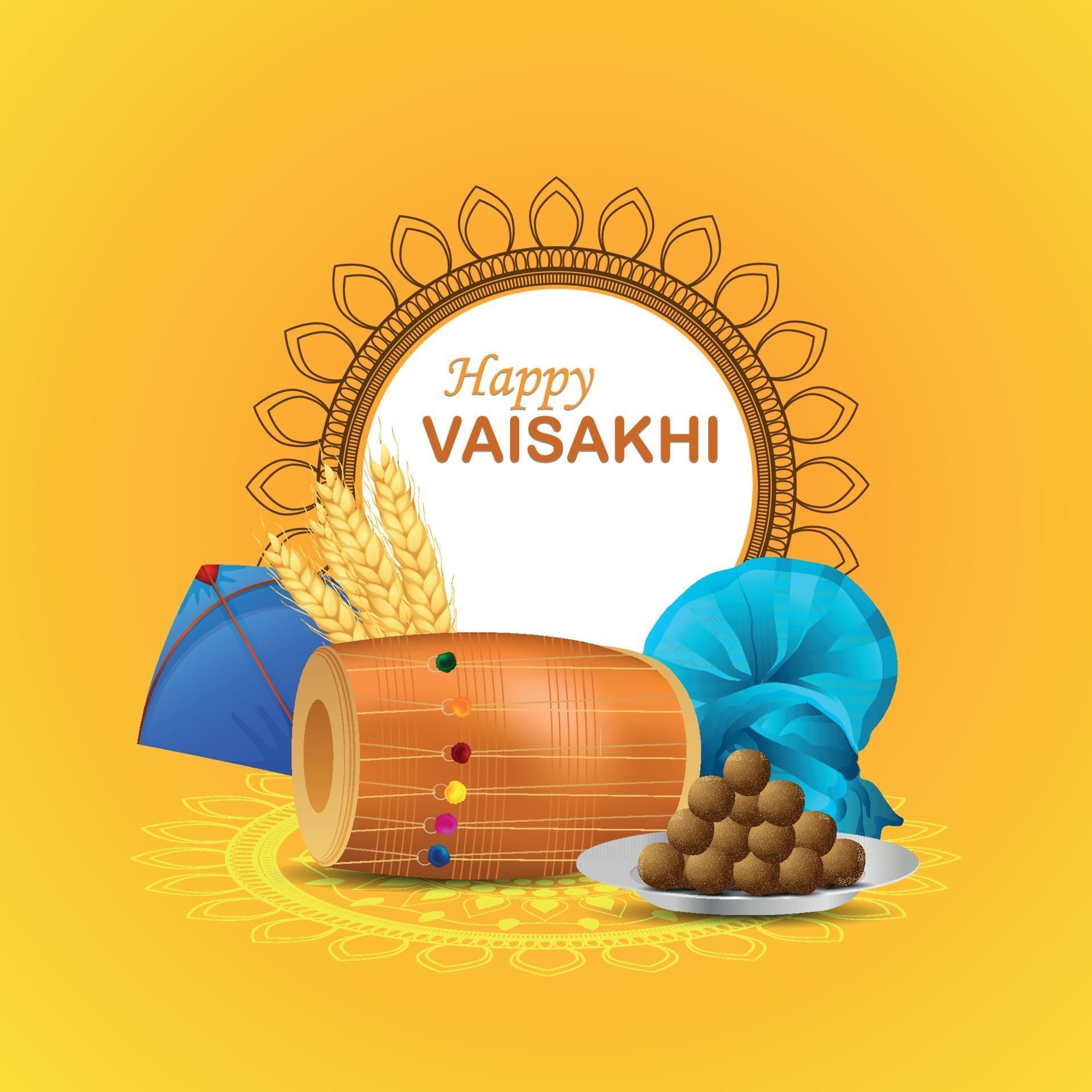 Realistic happy vaisakhi greeting card with dhol and kite 2153147