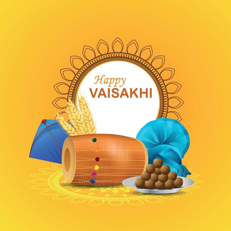 realista tarjeta de felicitación feliz vaisakhi con dhol y cometa vector