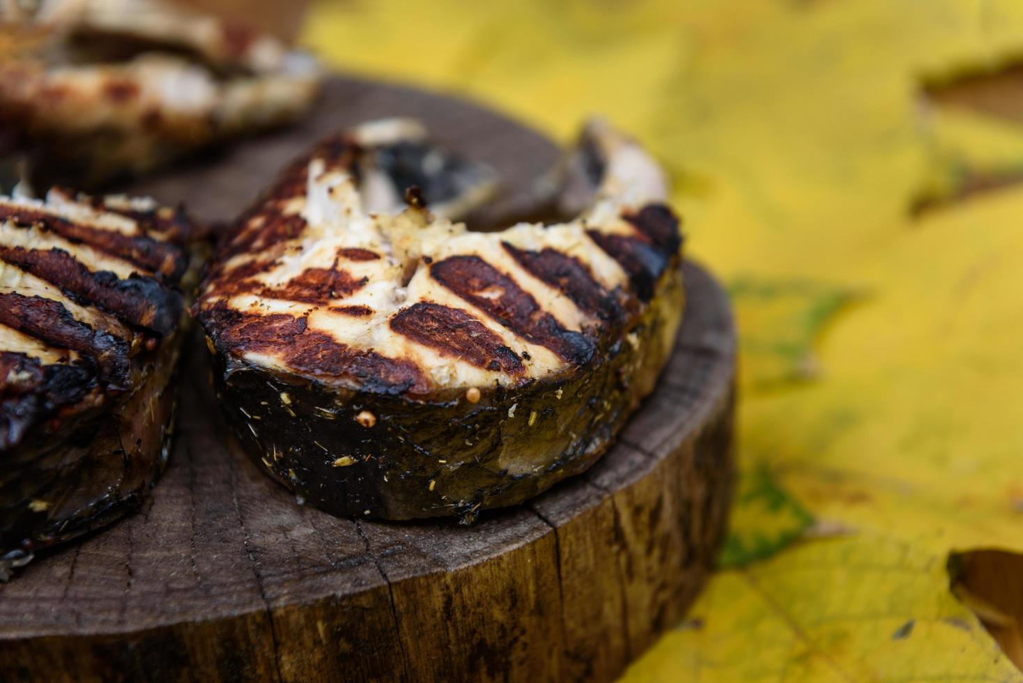 Fish steaks fried on the grill lying on tree trunk photo