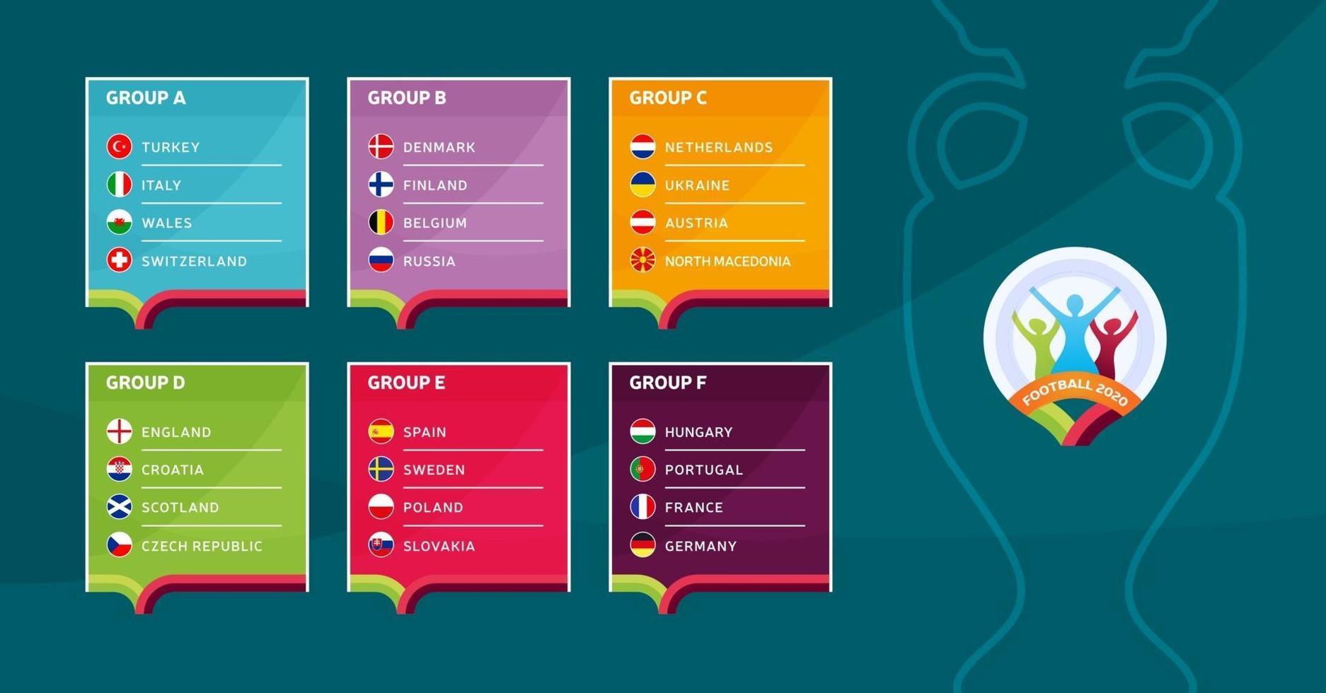 Ilustración de stock de vectores de grupos de la etapa final del torneo de fútbol europeo 2020. Torneo europeo de fútbol 2020 con antecedentes. vector banderas de países