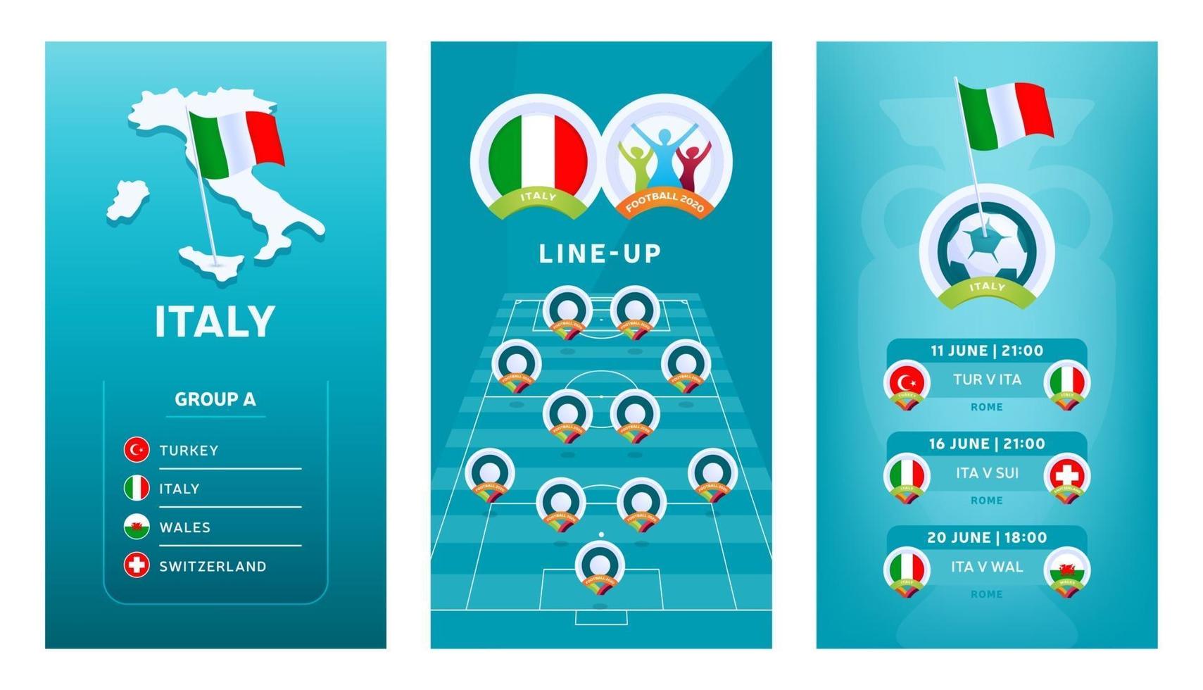 Conjunto de banner vertical de fútbol europeo 2020 para redes sociales. Italia agrupa una pancarta con mapa isométrico, bandera pin, calendario de partidos y alineación en el campo de fútbol vector