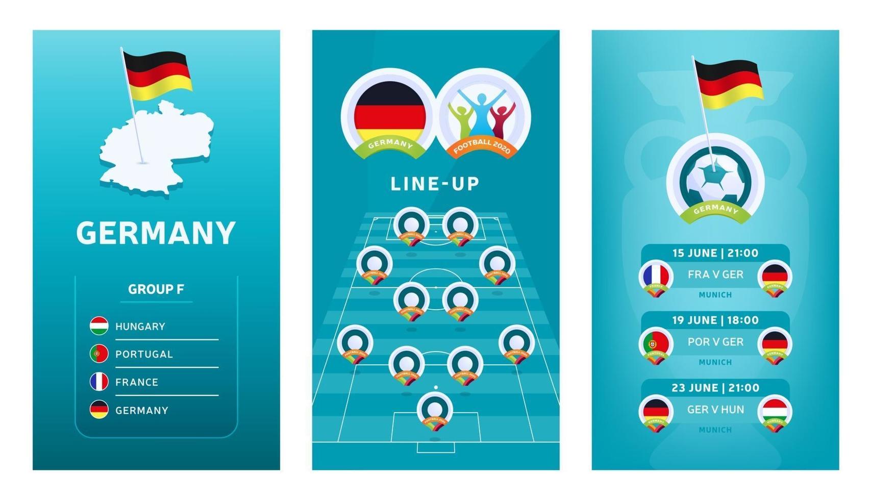 Conjunto de banner vertical de fútbol europeo 2020 para redes sociales. Bandera del grupo f de Alemania con mapa isométrico, bandera pin, calendario de partidos y alineación en el campo de fútbol vector