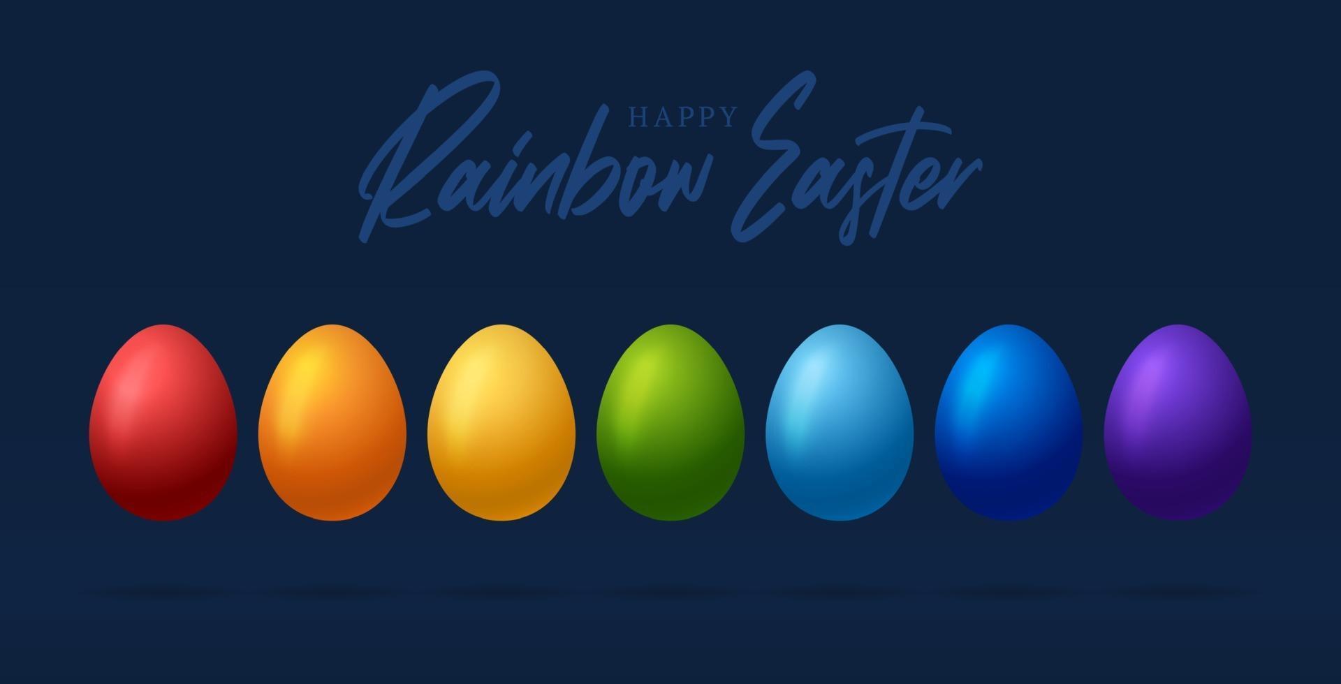 tarjeta de felicitación de Pascua con huevos de colores del arco iris. Tarjeta de felicitación de vector de Pascua feliz, huevos de colores en fila aislado sobre fondo azul.