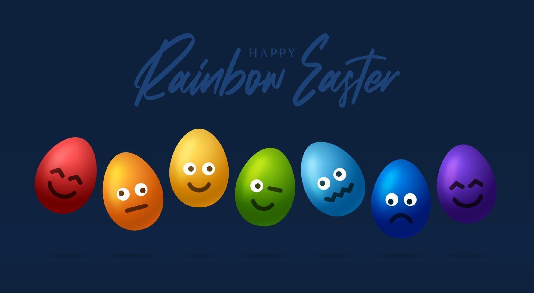 Set of rainbow easter eggs with emojis. Realistic 3d vector egg character card